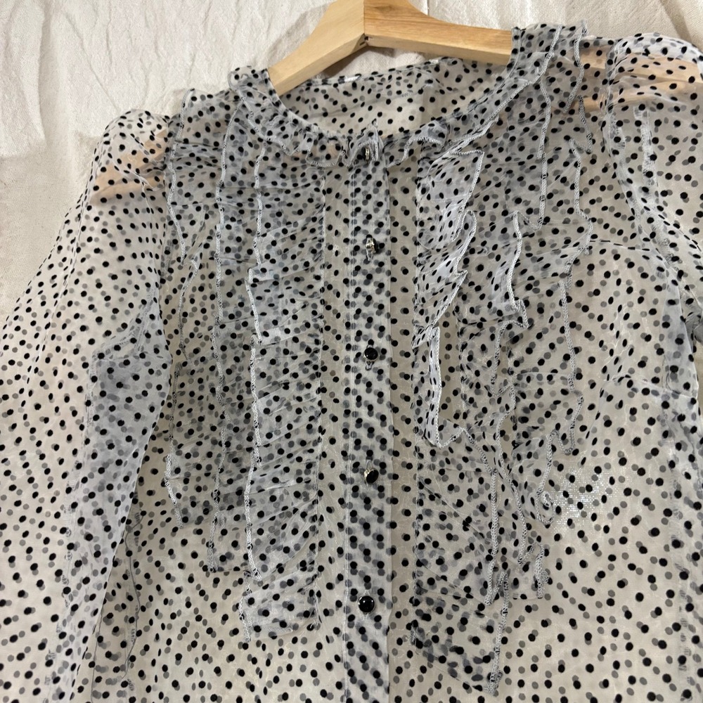 Polka Dot Sheer Organza Ruffle Button Down Blouse Black White Small